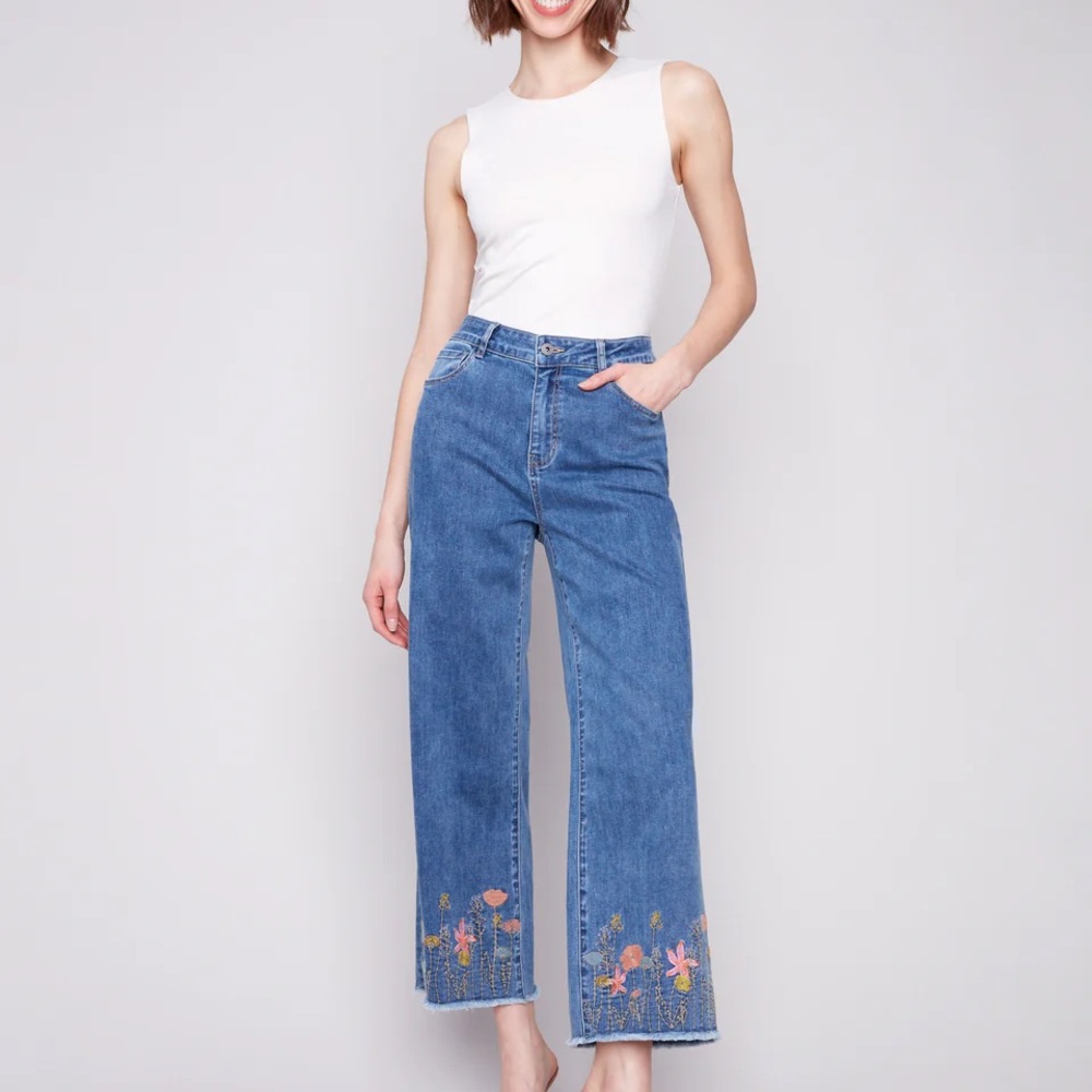 CHARLIE B Blue Flare Jeans with Floral Embroidery